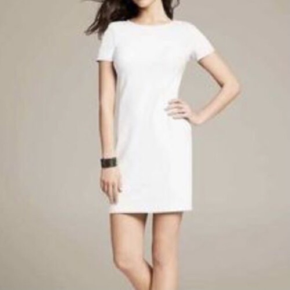 Banana Republic White ponte shift dress with faux leather sleeves